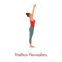 Woman performing Urdhva Hastasana, Upward Hand Yoga Pose, asana from Surya Namaskar sequence, Sun Salutation complex. Flat vector illustration isolated on white background