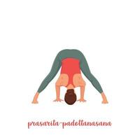 mujer haciendo la posición de prasarita padottanasana. Postura de inclinación hacia adelante con las piernas anchas. ilustración vectorial plana aislada sobre fondo blanco vector