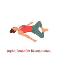 mujer descansando en posición de yoga reclinada en ángulo atado, supta baddha konasana, asana restauradora y relajante. ilustración vectorial plana aislada sobre fondo blanco vector