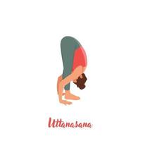 Woman doing Uttanasana. Standing forward bend. Caucausian woman performing yoga posture. Flat vector illustration isolated on white background