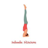 mujer practicando el concepto de yoga, de pie en el ejercicio de salamba sirsasana, pose de cabeza, haciendo ejercicio, ilustración vectorial plana aislada en el fondo blanco vector