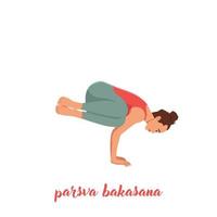 Woman doing side crane pose in white background. Parsva Bakasana exercise. balance and recreation. Flat vector illustration isolated on white background