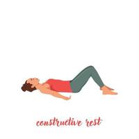 woman doing Constructive Rest Pose, Savasana Variation Bent Legs, Corpse Pose Variation Bent Legs. Flat vector illustration isolated on white background