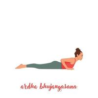 Woman doing Baby Cobra or Ardha Bhujangasana Yoga pose exercise. Flat vector illustration isolated on white background