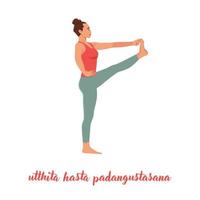 Woman practicing yoga, standing in Extended Hand to Big Toe exercise, Utthita Hasta Padangustasana pose. Flat vector illustration isolated on white background