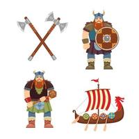 personaje vikingo, arma y barco. conjunto de vectores estilo de dibujos animados, ilustración vectorial plana.