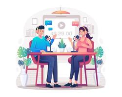 Podcast concept illustration with a host man in headphones interviewing a guest woman in a broadcast live-streaming. Man and woman in Podcast on the studio. Flat Style Vector Illustration