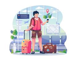 a young man with a backpack and suitcase holding a smartphone looking for a vacation or holiday destination map at the airport. Vector illustration in flat style