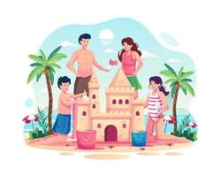 Family spending summer vacation. Parents with their children building a sand castle on the beach. Summer activities concept. Flat style vector illustration
