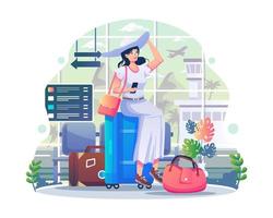a young woman with a white hat is sitting on a suitcase at the airport going on a vacation or holiday by plane. Vector illustration in flat style