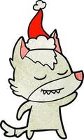 friendly textured cartoon of a wolf wearing santa hat vector