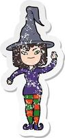 distressed sticker of a cartoon witch vector