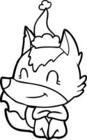 friendly line drawing of a wolf wearing santa hat vector