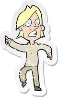 retro distressed sticker of a cartoon worried man pointing vector