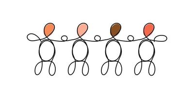 Line art diversity concept. A group of four different people drawn with one line on white. Teamwork, friendship vector