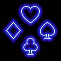 Blue neon symbols of card suits. Hearts, diamonds, clubs, spades. Suit icons vector
