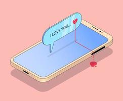 Illustration with mobile phone, message and heart emoticon. Sample text I love you