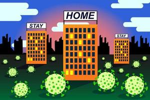 Landscape with the image of viruses surrounding multi-storey buildings. On the roofs of the buildings are banners calling to stay at home. vector