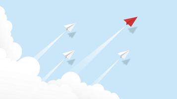 White and red paper airplanes  leader flying together on blue sky on cloud background. Creative concept idea of  business success and leadership in paper craft art style design .Vector illustration vector