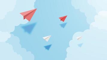 White and red paper airplanes  leader flying together on blue sky on cloud background. Creative concept idea of  business success and leadership in paper craft art style design .Vector illustration vector