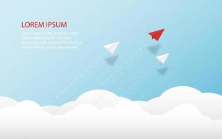 White and red paper airplanes  leader flying together on blue sky on cloud background. Creative concept idea of  business success and leadership in paper craft art style design .Vector illustration vector