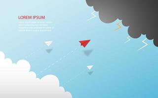 White and red paper airplanes  leader flying together on blue sky on cloud background. Creative concept idea of  business success and leadership in paper craft art style design .Vector illustration vector