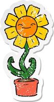 distressed sticker of a happy cartoon flower vector