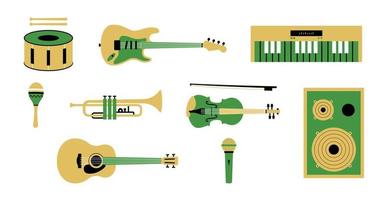 ilustración de instrumentos musicales que incluye guitarra, trompeta, violín, maracas, altavoz, tambor y teclado musical