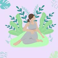 girl in the lotus position on the background of abstract leaves vector