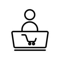 vector de icono de personas con computadora portátil y carrito de compras. tienda en línea, compras en línea, comprar. estilo de icono de línea. ilustración de diseño simple editable
