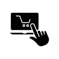 Laptop icon vector with shopping cart and hand touch. suitable for online shop icon, online store, buy online. Solid icon style, glyph. Simple design illustration editable