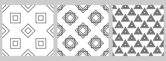 Set of geometric seamless pattern with staggered figures. Black shapes on white background. Square, rhombus, triangle. vector
