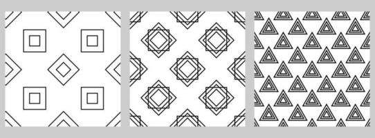 Set of geometric seamless pattern with staggered figures. Black shapes on white background. Square, rhombus, triangle. vector