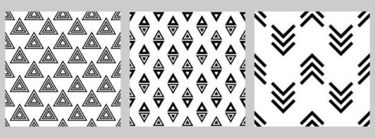 conjunto de patrones geométricos sin fisuras con figuras escalonadas. formas negras sobre fondo blanco. triángulos, flechas, líneas, ángulos vector