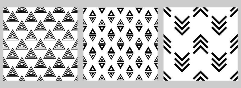 Set of geometric seamless pattern with staggered figures. Black shapes on white background. Triangles, arrows, lines, angles