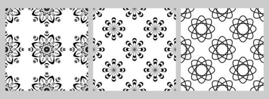 Set of geometric seamless pattern with staggered figures. Black shapes on white background. Mandalas, flowers vector