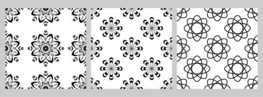 Set of geometric seamless pattern with staggered figures. Black shapes on white background. Mandalas, flowers vector