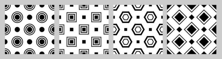 Set of geometric seamless pattern with staggered figures. Black shapes on white background. Square, circle, pentagon, rhombus vector
