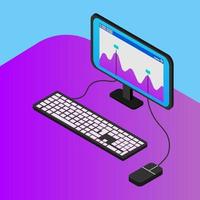 computadora con gráfico en monitor, mouse y teclado conectados por cables. sobre fondo morado y azul. ilustración isométrica vector