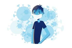 Young guy in a medical mask on a background of the virus. The concept of protection against the virus. The virus surrounds people. Stylish illustration vector