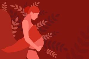 silueta de una mujer embarazada que amorosamente sostiene su vientre sobre un fondo floral con lugar para tu diseño