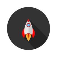 Vector illustration of a red and white rocket in gray circle. Icon of a rocket