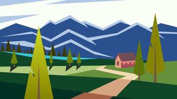 Stylized landscape. In the foreground are trees, behind house, a lake, a forest. An outgoing road. In the background are mountains and sky with clouds. vector