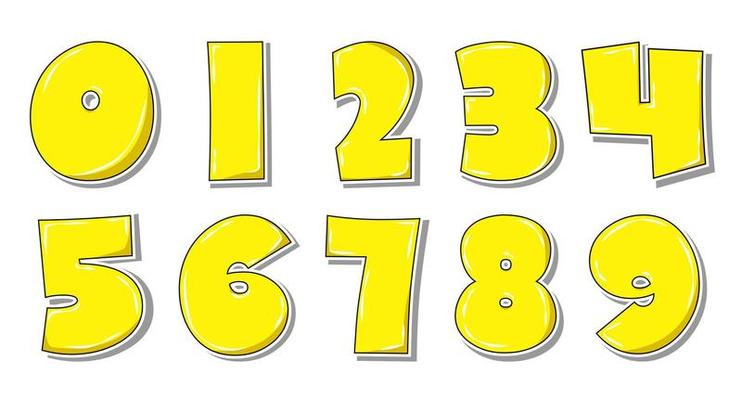 Set of pop art yellow numbers with shadow isolated on white.