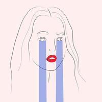 The face of a crying woman in a linear style with red lips. Simple vector illustration.