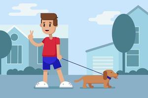 un tipo con una camiseta roja y pantalones cortos azules camina con un perro salchicha en la calle contra el fondo de casas, arbustos y árboles. muestra con su mano victoria y sonrisas. ilustración plana vector