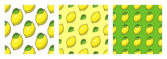 Set of seamless patterns of juicy ripe yellow lemons with leaves. Print for textiles, postcards, etc. vector