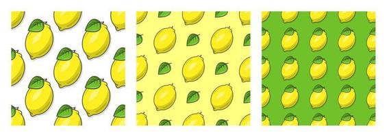 Set of seamless patterns of juicy ripe yellow lemons with leaves. Print for textiles, postcards, etc. vector