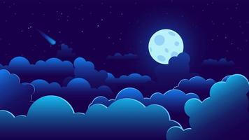 Vector illustration with a blue moon, clouds and a comet. The moon is surrounded by a mysterious glow, which is reflected on the clouds. The whole sky is strewn with stars.