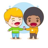 cute little kid boy do bro fist with his friend. Chibi cartoon character vector